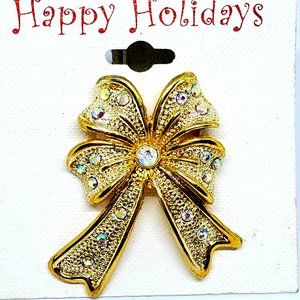 Vintage Holiday Rhinestone Bow Pin Brooch Gold & Silver Christmas Holiday - NOS